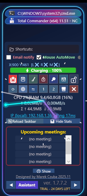 Upcoming meetings and clock displayed on the vertical taskbar