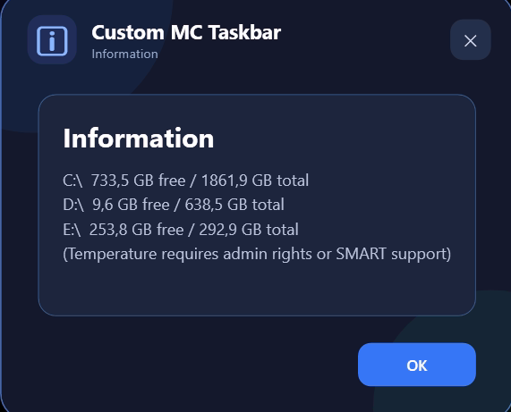 Disk space information
