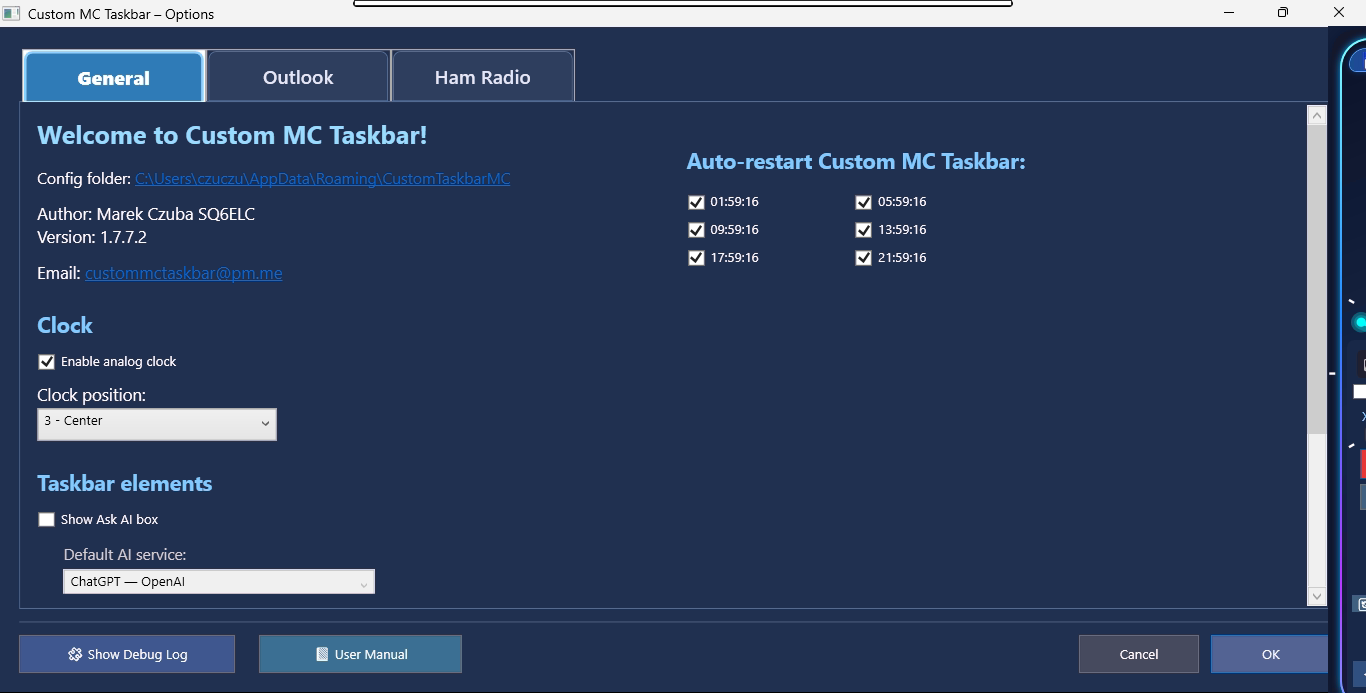 Custom MC Taskbar general settings
