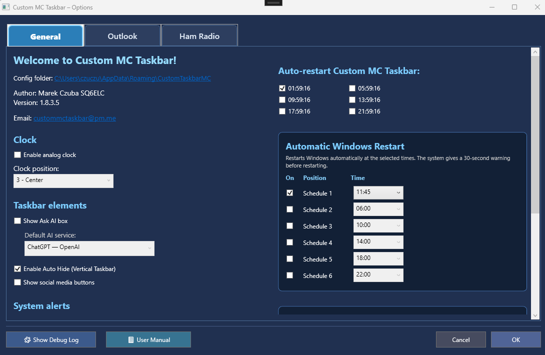 General tab with clock, taskbar elements and restart schedules