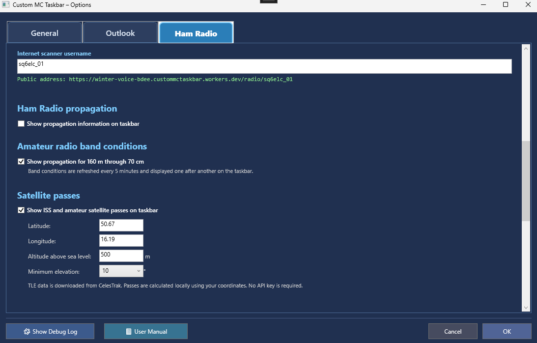 Internet scanner username, propagation and satellite settings