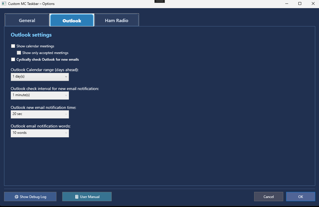 Outlook configuration tab