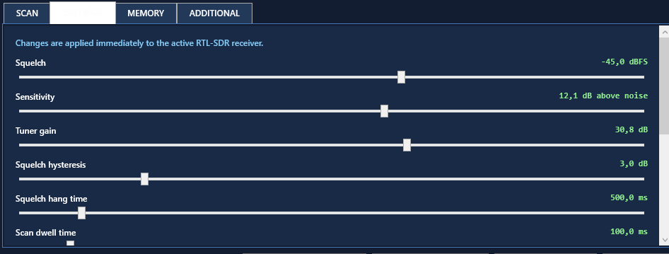 RTL-SDR live settings sliders